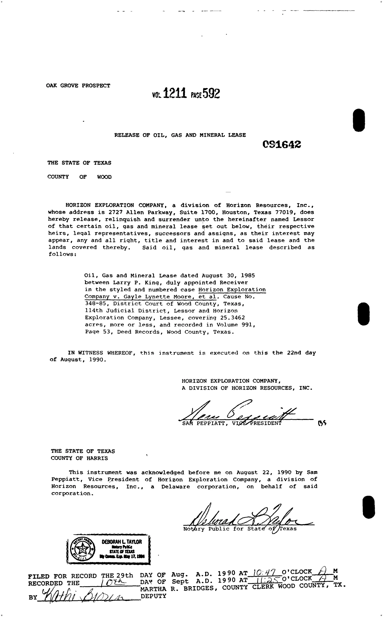 Horizon Exploration Co - Recorded Release Of Lease (Vol. 1211, Page 592)