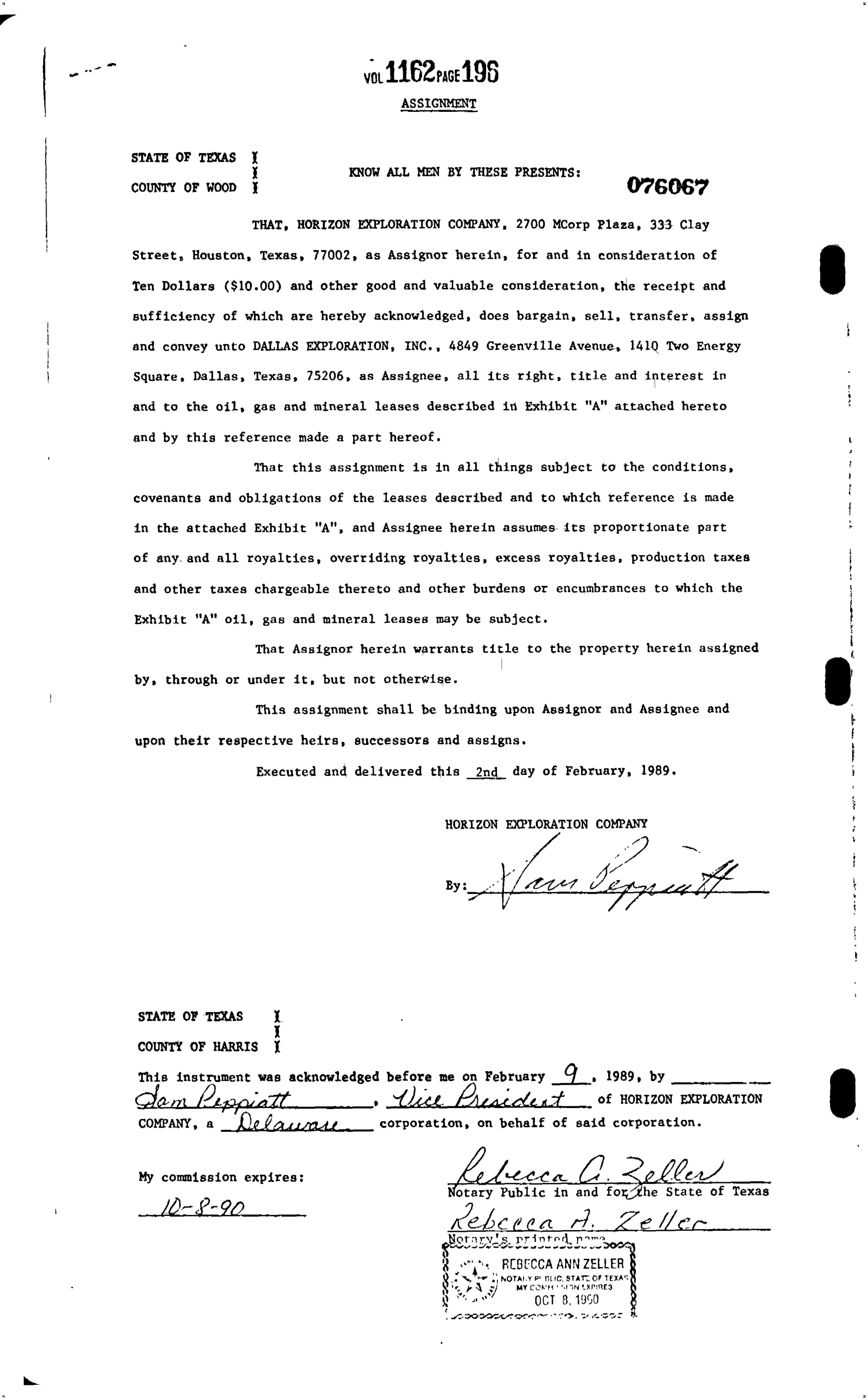Horizon Exploration Co - Recorded Assignment (Vol. 1162, Page 196)
